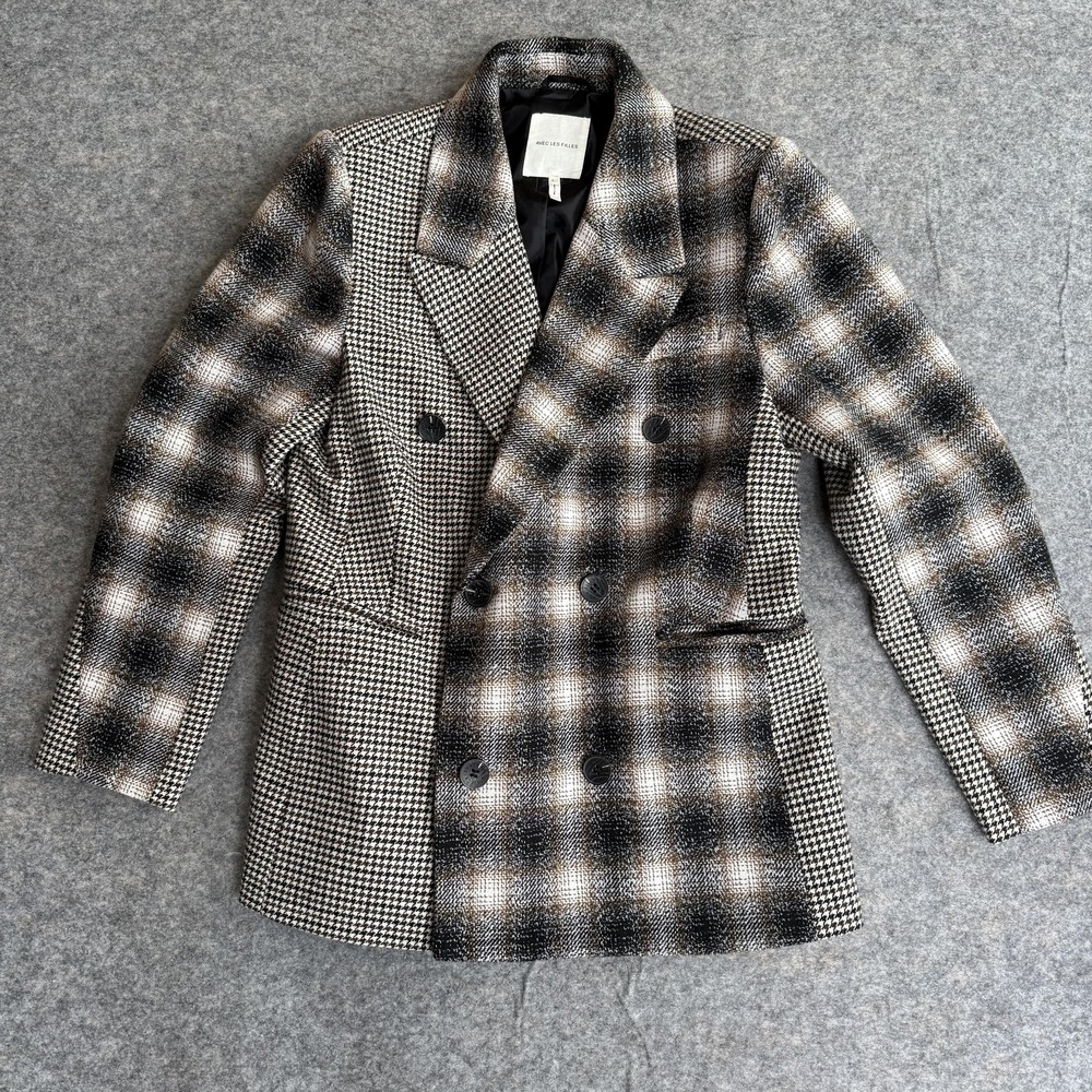 Avec Les Filles Blazer Womens Large Multicolor Plaid Wool Tweed Double Breasted
